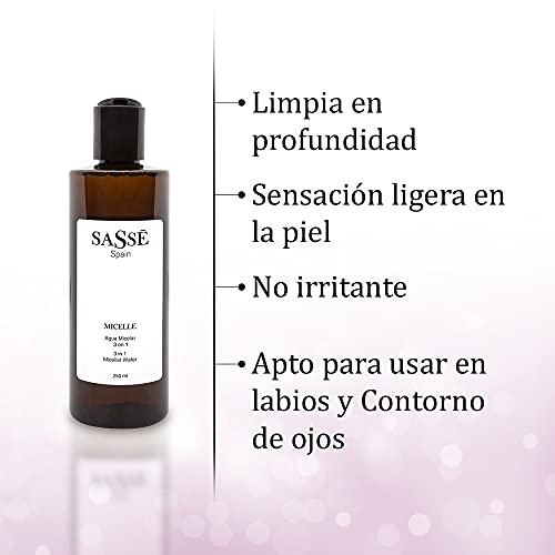 MICELLE - Agua Micelar 3 En 1. Limpia, Tonifica, Hidrata. Desmaquillante. Sin Perfume. Producto Natural Y Vegano. 250 Ml. Cosmética Natural Fabricada En España. Premios Innovación E I+d. Sasse.