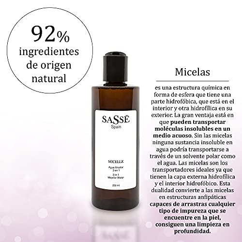 MICELLE - Agua Micelar 3 En 1. Limpia, Tonifica, Hidrata. Desmaquillante. Sin Perfume. Producto Natural Y Vegano. 250 Ml. Cosmética Natural Fabricada En España. Premios Innovación E I+d. Sasse.