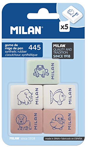 MILAN BMM9222 - Pack de 5 gomas de borrar de caucho sintètico flexible, modelo de figurinas surtido