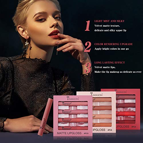 Mimore Mate Líquido Pintalabios Lápiz labial Conjunto 4 Traje Suave felpa mate impermeable Brillo de labios Duradero Copa antiadherente lápiz labial Kit de maquillaje Lip Glaze (A)