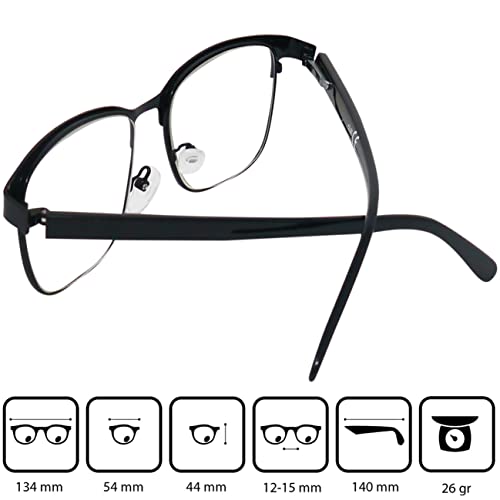 Mini Brille Gafas de Lectura Vintage con Cristales Grandes, Montura de Acero Inoxidable (Negra), Funda GRATIS, Gafas Para Leer Hombre y Mujer +2.0 Dioptrías