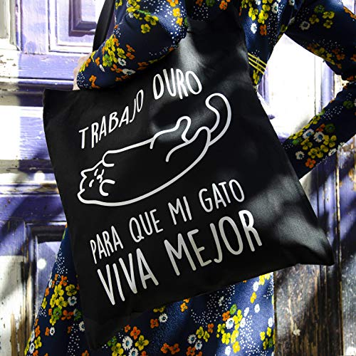 Miss MIserable Tote Bag Trabajo Duro para Que Mi Gato Viva Mejor Tote Bag De Algodón Orgánico, Unisex Adulto, Negro, Única