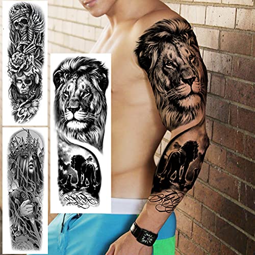 Moheer 54 Hojas Manga Completa Tatuajes Temporales Adultos Mujer Hombre Brazo Completo, Tatuajes Falsos León Tigre Cráneo Gángster 3D Super Grande Largo, Tatuajes Adhesivos Pierna Realista Impermeable