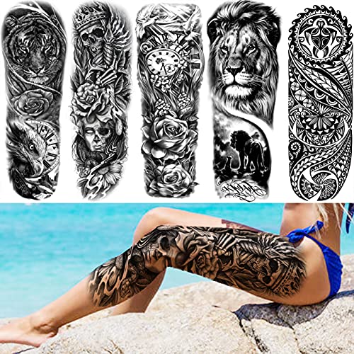 Moheer 54 Hojas Manga Completa Tatuajes Temporales Adultos Mujer Hombre Brazo Completo, Tatuajes Falsos León Tigre Cráneo Gángster 3D Super Grande Largo, Tatuajes Adhesivos Pierna Realista Impermeable