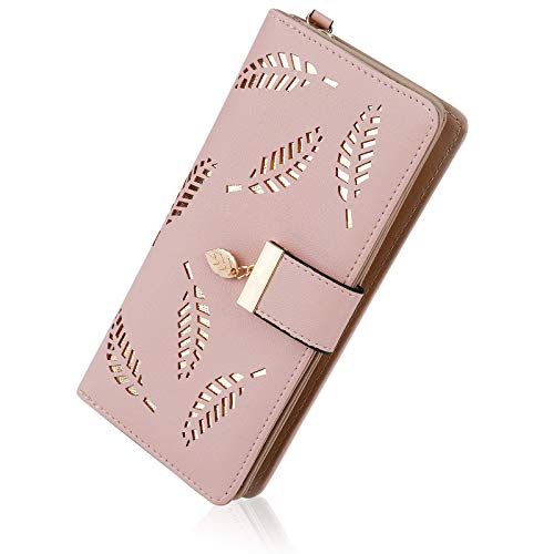 Monedero Largo de Cuero Rosa Lindo Monedero de Cuero para Mujer, Estuche de Embrague, Colgante de Hoja, Cremallera para Monedas