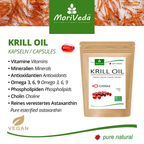 MoriVeda® Superba Premium Krill Oil, 180 cápsulas con revolucionario aceite Omega 3, astaxantina esterificada, antioxidantes y vitaminas I Certificado por USDA, ISO y MSC I 3x 60 uds.