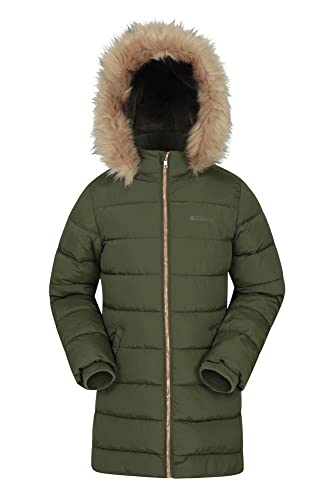 Mountain Warehouse Chaqueta Acolchada con Forro Polar Galaxy para niños - Impermeable, Larga y con Capucha con Borde de Pelo sintético - para Viajes y Senderismo, Invierno Caqui 11-12 Años