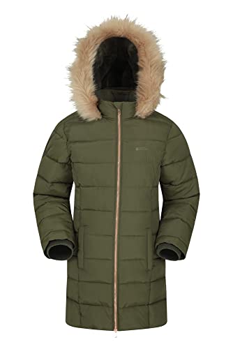 Mountain Warehouse Chaqueta Acolchada con Forro Polar Galaxy para niños - Impermeable, Larga y con Capucha con Borde de Pelo sintético - para Viajes y Senderismo, Invierno Caqui 11-12 Años