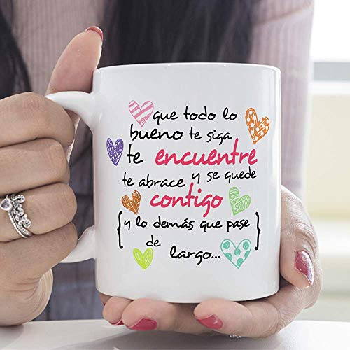 MUGFFINS Taza Original -Que Todo lo Bueno te SIGA te encuentre y te abrace - 350 ml - Tazas con Frases motivacionales