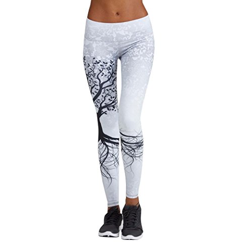 Mujer Pantalones Largos deportivos SMARTLADY Patrón de árbol Leggings para Running, Yoga y Ejercicio (S, Blanco)