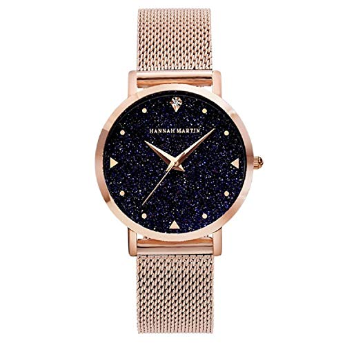 Mujer Relojes, L'ananas Cielo Estrellado Marcar Malla Pulsera Cuarzo Relojes con Caja de Regalo (Oro)