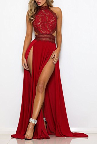 Mujer Vestidos De Fiesta Largos De Noche Elegantes Transparentes Ropa Dama Moderno Encaje Splicing Sin Mangas Sin Espalda Talle Alto con Aberturas Vestido Largo Vestidos Coctel