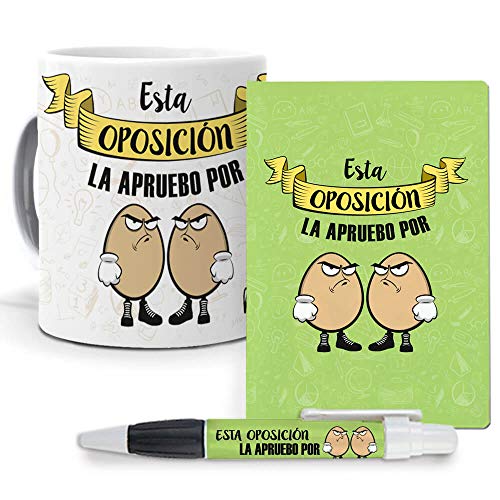 mundohuevo Pack Original y Personalizado para Regalo de Trabajos y Profesiones. Esta oposicion la apruebo por Huevos. Libreta, boligrafo y Taza Maxima Calidad.