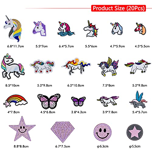 MUSEDAY 20 parches de unicornio mezclados para planchar, coloridos para ropa, parches para niños, parches bordados, apliques adhesivos para camiseta, bolsa de ropa, chaqueta, mochila y zapatos