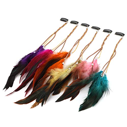 MWOOT 6 Piezas Clips de Pelo Pluma, Pluma Extensiones de Cabello, Bohemio e Indio Tocado de Plumas, Festival Cosplay de Halloween Decoracion de Cabello Accesorios - Estilo de Cadena