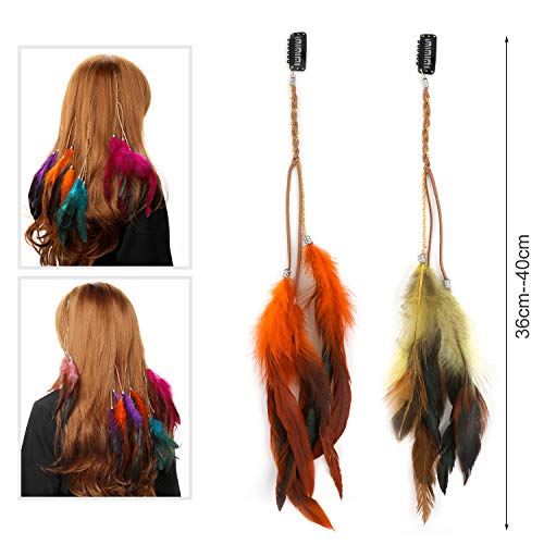 MWOOT 6 Piezas Clips de Pelo Pluma, Pluma Extensiones de Cabello, Bohemio e Indio Tocado de Plumas, Festival Cosplay de Halloween Decoracion de Cabello Accesorios - Estilo de Cadena