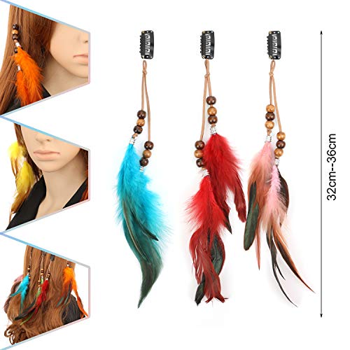 MWOOT 6 Piezas Clips de Pelo Pluma, Pluma Extensiones de Cabello, Bohemio e Indio Tocado de Plumas, Festival Cosplay de Halloween Decoracion de Cabello Accesorios - Estilo de Cuentas