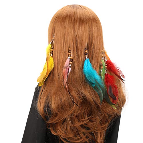 MWOOT 6 Piezas Clips de Pelo Pluma, Pluma Extensiones de Cabello, Bohemio e Indio Tocado de Plumas, Festival Cosplay de Halloween Decoracion de Cabello Accesorios - Estilo de Cuentas