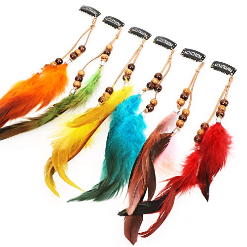 MWOOT 6 Piezas Clips de Pelo Pluma, Pluma Extensiones de Cabello, Bohemio e Indio Tocado de Plumas, Festival Cosplay de Halloween Decoracion de Cabello Accesorios - Estilo de Cuentas