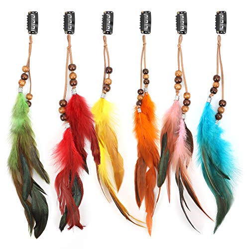 MWOOT 6 Piezas Clips de Pelo Pluma, Pluma Extensiones de Cabello, Bohemio e Indio Tocado de Plumas, Festival Cosplay de Halloween Decoracion de Cabello Accesorios - Estilo de Cuentas