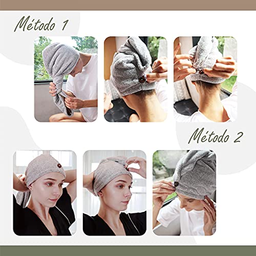 myHomeBody Toalla para el Cabello | Turbante de Lujo de Secado Rápido Anti-Encrespado | Fibra de Carbón Absorbente Ultra Suave y de Secado Rápido, con Botón de Cáscara de Coco - Gris