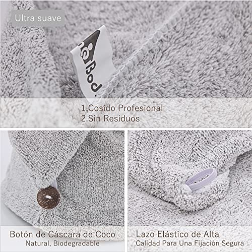 myHomeBody Toalla para el Cabello | Turbante de Lujo de Secado Rápido Anti-Encrespado | Fibra de Carbón Absorbente Ultra Suave y de Secado Rápido, con Botón de Cáscara de Coco - Gris