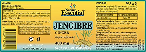 Nature Essential | Jengibre 400 mg | Facilita la Digestión | Complemento Alimenticio | Mejora la Absorción de Nutrientes | Ayuda al Mantenimiento de la Flora Intestinal | 50 Cápsulas | Pack 2 unidades