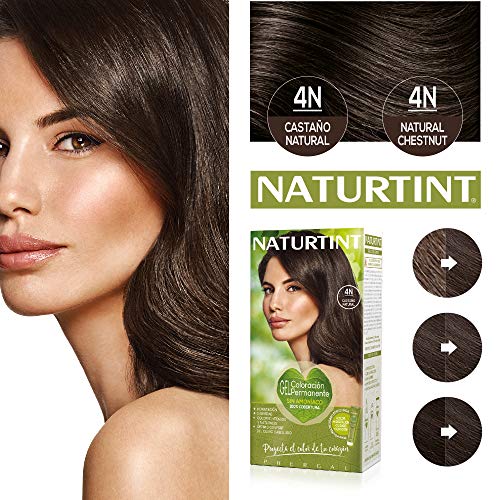 Naturtint Coloración. Tinte sin Amoniaco.100% Cobertura de Canas. Ingredientes Vegetales. Color Natural. 4N Castaño Natural. Pack de 3