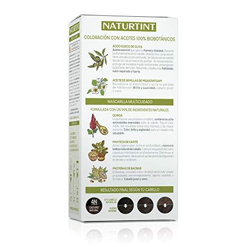 Naturtint Coloración. Tinte sin Amoniaco.100% Cobertura de Canas. Ingredientes Vegetales. Color Natural. 4N Castaño Natural. Pack de 3