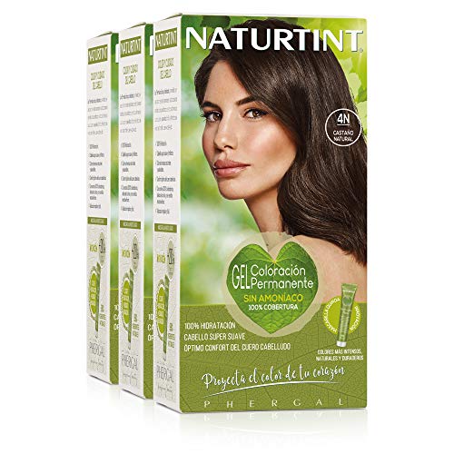 Naturtint Coloración. Tinte sin Amoniaco.100% Cobertura de Canas. Ingredientes Vegetales. Color Natural. 4N Castaño Natural. Pack de 3