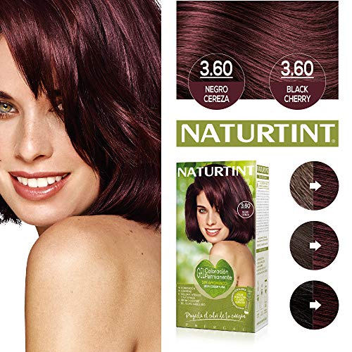 Naturtint Coloración. Tinte sin Amoniaco.100% Cobertura de Canas. Ingredientes y Aceites Vegetales. Color Natural. 3.60 Negro Cereza. Pack de 3