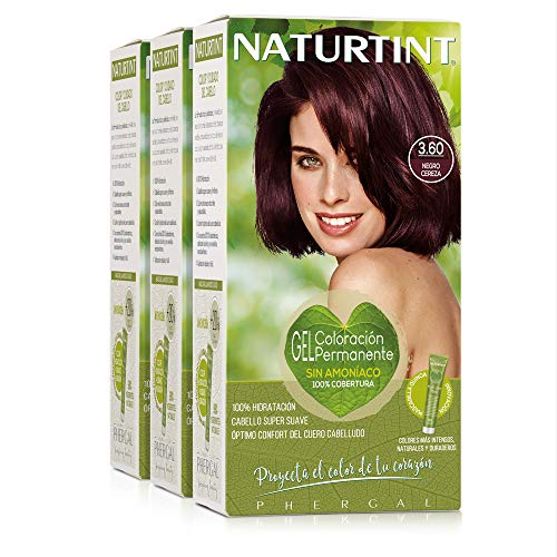 Naturtint Coloración. Tinte sin Amoniaco.100% Cobertura de Canas. Ingredientes y Aceites Vegetales. Color Natural. 3.60 Negro Cereza. Pack de 3