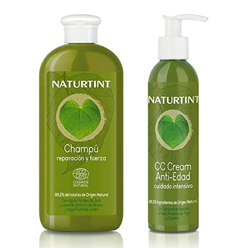 Naturtint Eco Champú Reparación + CC Cream - Nutre, Repara y Fortalece, Cabello Hidratado y con Brillo, 99% Ingredientes Naturales, Sin Siliconas ni Parabenos - 330 ml