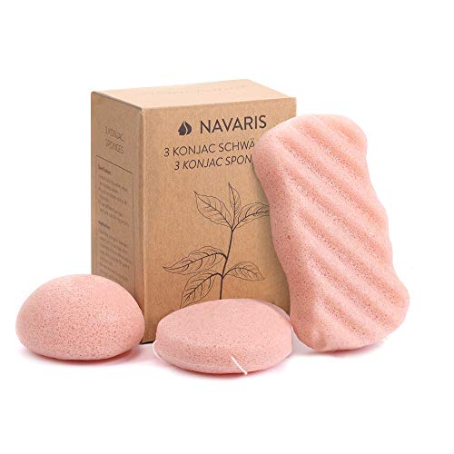 Navaris Set de 3x esponja exfoliante Konjac - Esponjas de limpieza facial para todo tipo de piel rostro cuerpo - 100% natural vegana - Arcilla rosa