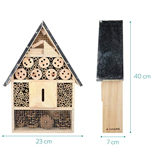 Navaris XL Hotel para Insectos de Madera - observatorio de Insectos 23 x 40 x 7 cm - casa Natural Cubierta metálica y Gancho para Diferentes bichos