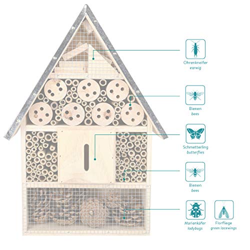 Navaris XL Hotel para Insectos de Madera - observatorio de Insectos 23 x 40 x 7 cm - casa Natural Cubierta metálica y Gancho para Diferentes bichos