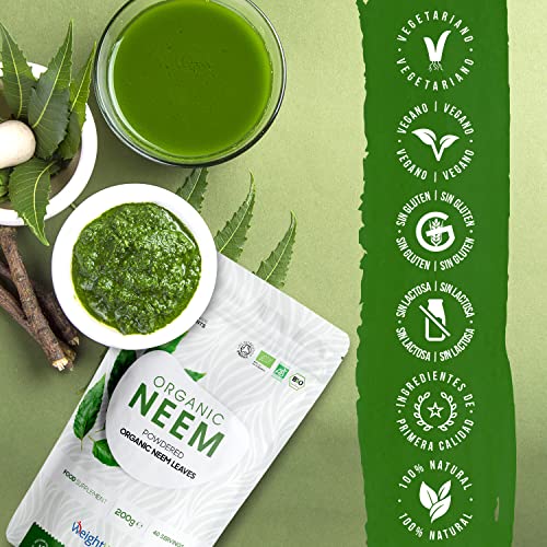 Neem en Polvo Orgánico 200g - Polvo Puro de Neem del Árbol de Azadirachta Indica - Polvo Ayurvédico para Piel y Cabello, Suplemento Neem Bio en Polvo, 100% Natural, Ayurveda Neem Leaf, WeightWorld