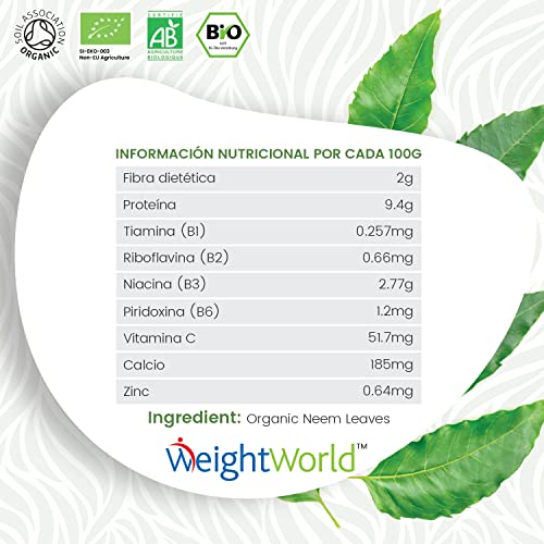 Neem en Polvo Orgánico 200g - Polvo Puro de Neem del Árbol de Azadirachta Indica - Polvo Ayurvédico para Piel y Cabello, Suplemento Neem Bio en Polvo, 100% Natural, Ayurveda Neem Leaf, WeightWorld