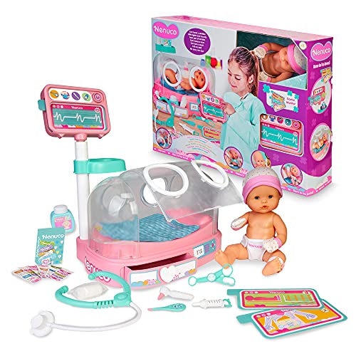 Nenuco - Doctora, ¿cómo está mi bebé? Muñeco de 35 cm recién nacido, incubadora con luces y sonidos y accesorios de enfermería como monitor New Born, para niños y niñas de 3 años, Famosa (700016660)