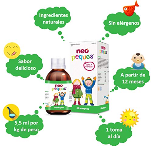 Neo Peques | Mocosytos Jarabe Infantil Para la Tos Seca y Productiva | Expectorante | Cuida la Garganta de Niños | 150 ml | Sabor Frambuesa | Pino, Liquen de Islandia