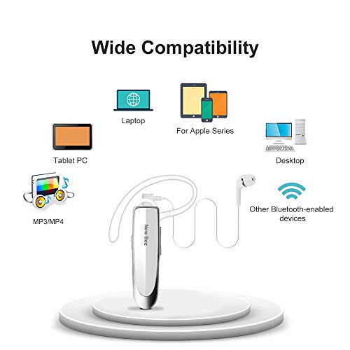 New Bee Manos Libres Auricular Bluetooth Auricular inalámbrico Bluetooth Mano Libre con tecnología de Captura de Voz Clara Auricular Bluetooth para iPhone Samsung Huawei Sony, etc (Blanco)