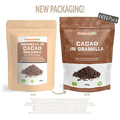 Nibs de Cacao Crudo Ecológico 400g. Puntas de Cacao Bio, Natural y Puro. Cultivado en Perú a partir de la planta Theobroma cacao. Fuente de magnesio, potasio y hierro. NaturaleBio