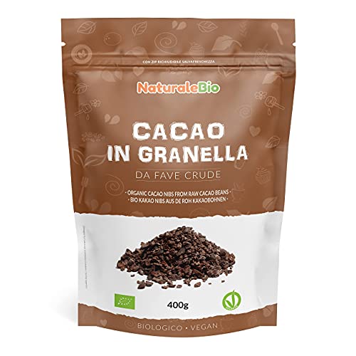 Nibs de Cacao Crudo Ecológico 400g. Puntas de Cacao Bio, Natural y Puro. Cultivado en Perú a partir de la planta Theobroma cacao. Fuente de magnesio, potasio y hierro. NaturaleBio