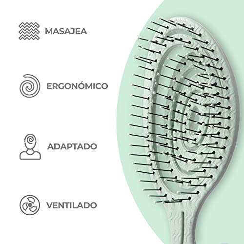 Ninabella Cepillo Bio para el Pelo Antitirones - Cepillo Desenredante Profesional Eco - Cepillo para Cabello con Muelle en Espiral - Peine para Nudos y Enredos - Verde