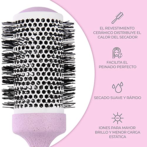 Ninabella Cepillo redondo orgánico, Cepillo de pelo de volumen para peinado profesional, secado con secador, alisado del cabello, Cepillo de iones de aluminio cerámico Púrpura 1 pieza, 52 mm