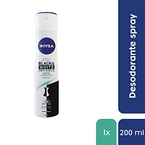 NIVEA Black & White Invisible Active Spray, Desodorante Antimanchas de Cuidado Femenino, Invisible para Proteger la Piel y la Ropa, 200 Ml