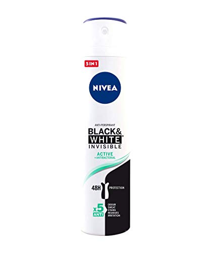 NIVEA Black & White Invisible Active Spray, Desodorante Antimanchas de Cuidado Femenino, Invisible para Proteger la Piel y la Ropa, 200 Ml