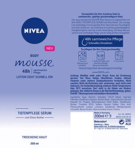 Nivea Cuerpo Mousse con sheabu tter, para piel seca, dispensador, 200 ml