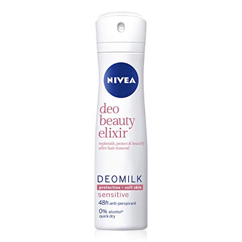 NIVEA DeoMilk Sensitive Beauty Elixir Desodorante Spray, 1 x 150 ml, desodorante antitranspirante con esencia de leche, para pieles sensibles