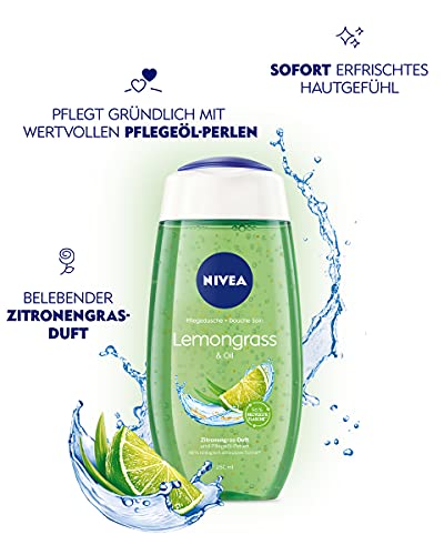 Nivea Gel de ducha Lemongrass & Oil (250 ml), gel de ducha refrescante con perlas de aceite nutritivo, ducha mimada con fragancia revitalizante de hierba de limón